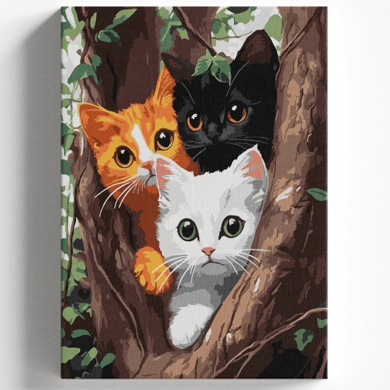 AĞAÇTAKİ KEDİLER Tuval Fırça Boya Seti 40x50 Cm 