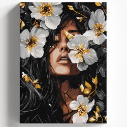 BEYAZ ÇİÇEK SİYAH KADIN Tuval Fırça Boya Set 40x50 Cm