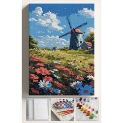 Sayılarla Boyama Çerçeveli Hobi Seti Numaralı Tuval Fırça Boya Dahil Kasnaklı DEĞİRMEN 40X50 Cm