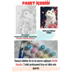 Sayılarla Boyama Çerçeveli Hobi Seti Numaralı Tuval Fırça Boya Dahil Kasnaklı BEYAZ KEDİ 40X50 Cm