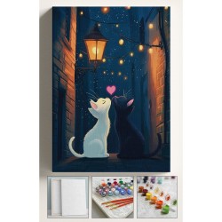 Sayılarla Boyama Hobi Seti Çerçeveli Numaralı Tuval Fırça Boya Dahil Kasnaklı 40x50CmSEVGİLİLER KEDİ