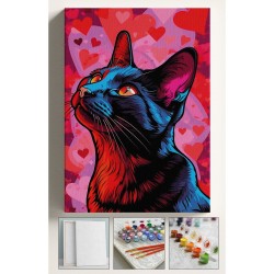 Sayılarla Boyama Hobi Seti Çerçeveli KALPLİ SİYAH KEDİ Kasnaklı 40x50Cm
