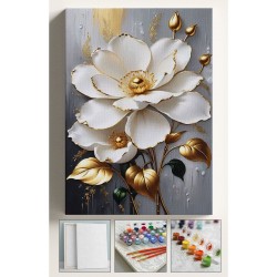 Sayılarla Boyama Hobi Seti Çerçeveli Numaralı Tuval Fırça Boya Dahil Kasnaklı BEYAZ ÇİÇEK 40x50 Cm