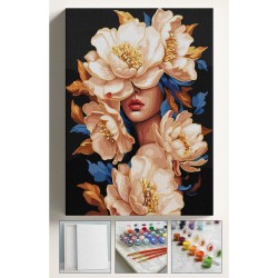 Sayılarla Boyama Hobi Seti Çerçeveli Numaralı Tuval Fırça Boya Dahil Kasnaklı ÇİÇEK KADIN 40x50 Cm