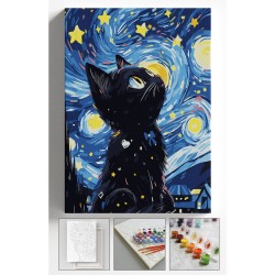 Sayılarla Boyama Hobi Seti Çerçeveli Numaralı Tuval Fırça Boya Dahil Kasnaklı YILDIZLI KEDİ 40x50 Cm