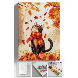 Sayılarla Boyama Kasnaklı Tablo Seti Fırça Boya Dahil SONBAHAR KEDİ 40x50