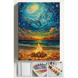 Sayılarla Boyama Çerçeveli Hobi Seti Numaralı Tuval Fırça Boya ATEŞ VE SAHİL Dahil Kasnaklı 40X50 Cm