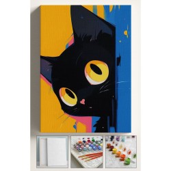 Sayılarla Boyama Hobi Seti Çerçeveli Numaralı Tuval Fırça Boya Kasnaklı SİYAH GİZLİ KEDİ 40x50 Cm