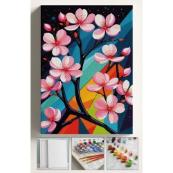 Sayılarla Boyama Hobi Seti Çerçeveli Numaralı Tuval Fırça Boya Dahil Kasnaklı SAKURA AĞACI 40x50 Cm
