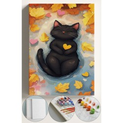 Sayılarla Boyama Çerçeveli Hobi Seti Numaralı Tuval Fırça Boya Dahil Kasnaklı 40X50Cm SARI KALP KEDİ