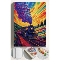 Sayılarla Boyama Çerçeveli Hobi Seti Numaralı Tuval Fırça Boya Dahil Kasnaklı 40X50 Cm RENKLİ TREN