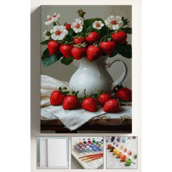 Sayılarla Boyama Çerçeveli Hobi Seti Numaralı Tuval Fırça Boya Dahil Kasnaklı ÇİLEK VAZOSU 40X50 Cm