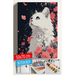 Sayılarla Boyama Seti Numaralı Tuval Fırça Boya Dahil Kasnaklı Set 50x70 Cm - BEYAZ KEDİ