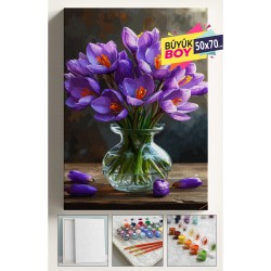 Sayılarla Boyama Seti Numaralı Tuval Fırça Boya Dahil Kasnaklı Set 50x70 Cm - MOR VAZO ÇİÇEKLER