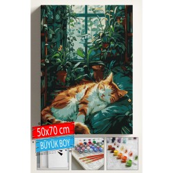 Sayılarla Boyama Seti Numaralı Tuval Fırça Boya Dahil Kasnaklı Set 50x70 Cm - UYUYAN KEDİ