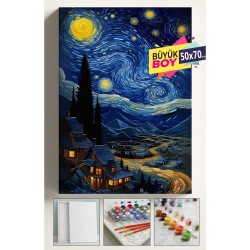 Sayılarla Boyama Seti Numaralı Tuval Fırça Boya Dahil Kasnaklı Set 50x70 Cm - YILDIZLI GECE KÖY