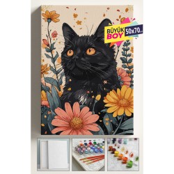 Sayılarla Boyama Seti Numaralı Tuval Fırça Boya Dahil Kasnaklı Set 50x70 Cm - SİYAH KEDİ VE ÇİÇEKLER