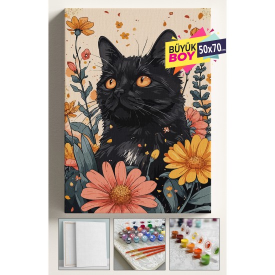 Sayılarla Boyama Seti Numaralı Tuval Fırça Boya Dahil Kasnaklı Set 50x70 Cm - SİYAH KEDİ VE ÇİÇEKLER Sayılarla Boyama Seti Numaralı Tuval Fırça Boya Dahil Kasnaklı Set 50x70 Cm - SİYAH KEDİ VE ÇİÇEKLER