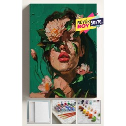 Sayılarla Boyama Seti Numaralı Tuval Fırça Boya Dahil Kasnaklı Set 50x70 Cm - YEŞİL ÇİÇEK KADIN