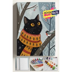 Sayılarla Boyama Seti Numaralı Tuval Fırça Boya Dahil Kasnaklı Set 50x70 Cm - MİNİK KUŞ VE KEDİ