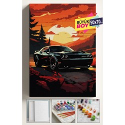 Sayılarla Boyama Seti Numaralı Tuval Fırça Boya Dahil Kasnaklı Set 50x70 Cm - SİYAH ARABA DODGE