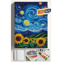Sayılarla Boyama Seti Numaralı Tuval Fırça Boya Dahil Kasnaklı Set 50x70 Cm - YILDIZLI GECE AYÇİÇEĞİ