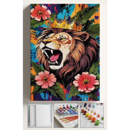 Sayılarla Boyama Seti Numaralı Tuval Fırça Boya Dahil Kasnaklı Set 40x50 Cm - ÇİÇEKLİ ASLAN