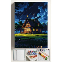 Sayılarla Boyama Seti Numaralı Tuval Fırça Boya Dahil Kasnaklı Set 40x50 Cm - GECE YILDIZLI EV