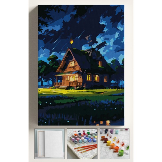 Sayılarla Boyama Seti Numaralı Tuval Fırça Boya Dahil Kasnaklı Set 40x50 Cm - GECE YILDIZLI EV