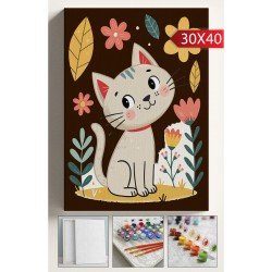 Sayılarla Boyama Tuval Seti Fırça Boya Dahil (Çıtalı) 30x40 CM - Çiçekli Kedi