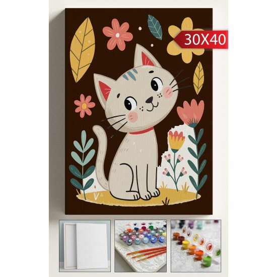 Sayılarla Boyama Tuval Seti Fırça Boya Dahil (Çıtalı) 30x40 CM - Çiçekli Kedi Sayılarla Boyama Tuval Seti Fırça Boya Dahil (Çıtalı) 30x40 CM - Çiçekli Kedi