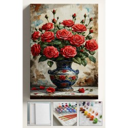 Sayılarla Boyama Çerçeveli Hobi Seti Numaralı Tuval Fırça Boya Kasnaklı 40X50 Cm KIRMIZI GÜL VAZO