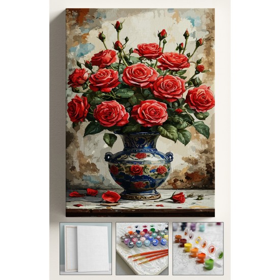 Sayılarla Boyama Çerçeveli Hobi Seti Numaralı Tuval Fırça Boya Kasnaklı 40X50 Cm KIRMIZI GÜL VAZO Sayılarla Boyama Çerçeveli Hobi Seti Numaralı Tuval Fırça Boya Kasnaklı 40X50 Cm KIRMIZI GÜL VAZO
