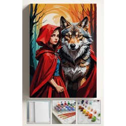 Sayılarla Boyama Seti Çerçeveli Hobi Seti Tuval Fırça Boya Kasnaklı 40x50cm Kırmızı Başlıklı Kız