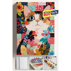 Sayılarla Boyama Seti Numaralı Tuval Fırça Boya Dahil Kasnaklı Set 50x70 Cm - HALI DESENLİ KEDİ