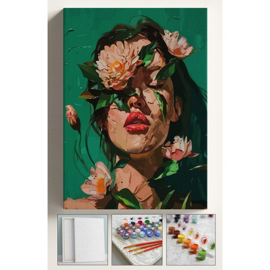 Sayılarla Boyama Seti Numaralı Tuval Fırça Boya Dahil Kasnaklı Set 40x50 Cm - YEŞİL ÇİÇEK KADIN