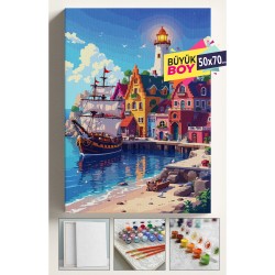 Sayılarla Boyama Seti Numaralı Tuval Fırça Boya Dahil Kasnaklı Set 50x70 Cm - LİMAN MANZARA