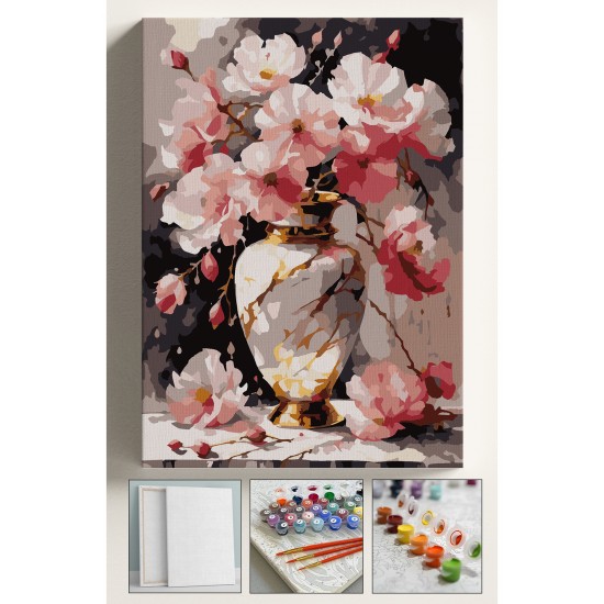 Sayılarla Boyama Seti Numaralı Tuval Fırça Boya Dahil Kasnaklı Set 40x50 Cm - PEMBE VAZO ÇİÇEK