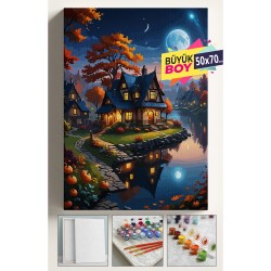 Sayılarla Boyama Seti Numaralı Tuval Fırça Boya Dahil Kasnaklı Set 50x70 Cm - AY IŞIĞI GÖL