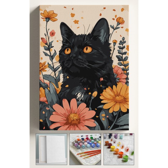 Sayılarla Boyama Seti Numaralı Tuval Fırça Boya Dahil Kasnaklı Set 40x50 Cm - SİYAH KEDİ VE ÇİÇEKLER Sayılarla Boyama Seti Numaralı Tuval Fırça Boya Dahil Kasnaklı Set 40x50 Cm - SİYAH KEDİ VE ÇİÇEKLER
