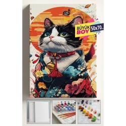 Sayılarla Boyama Seti Numaralı Tuval Fırça Boya Dahil Kasnaklı Set 50x70 Cm - ÇINGIRAKLI KEDİ