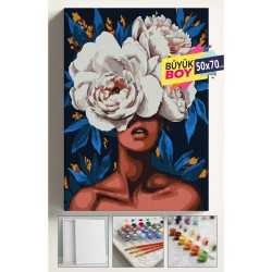 Sayılarla Boyama Seti Numaralı Tuval Fırça Boya Dahil Kasnaklı Set 50x70 Cm - BEYAZ ÇİÇEK AÇAN KADIN