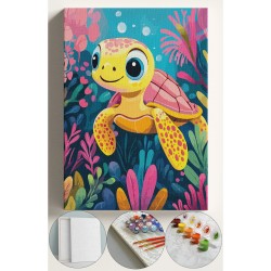 Çocuk Sayılarla Boyama Numaralı Tuval Seti Fırça Boya Dahil 40x50 Cm BEBEK KAPLUMBAĞA