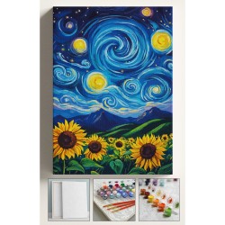 Sayılarla Boyama Seti Numaralı Tuval Fırça Boya Dahil Kasnaklı Set 40x50 Cm - YILDIZLI GECE AYÇİÇEĞİ