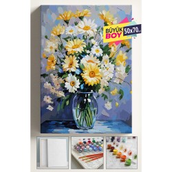 Sayılarla Boyama Seti Numaralı Tuval Fırça Boya Dahil Kasnaklı Set 50x70 Cm - VAZODA PAPATYALAR