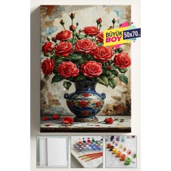 Sayılarla Boyama Seti Numaralı Tuval Fırça Boya Dahil Kasnaklı Set 50x70 Cm - KIRMIZI VAZO GÜL