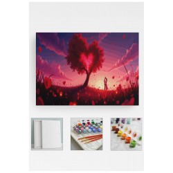 Sayılarla Boyama Seti Numaralı Tuval Fırça Boya - 40x50 Cm Kalp Ağaç