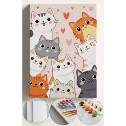 Sayılarla Boyama Seti Numaralı Tuval Fırça Boya 40x50 Cm - Sevimli kediler