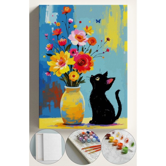 Sayılarla Boyama Seti Numaralı Tuval Fırça Boya 40x50 Cm - VAZO VE KEDİ