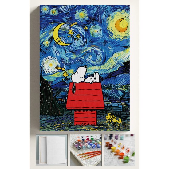 Sayılarla Boyama Seti Numaralı Tuval Fırça Boya 40x50 Cm - YILDIZLI GECE SNOOPY
